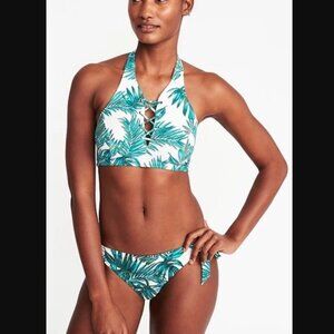 Old Navy NEW Bikini Palm High-Neck Lace-Up Halter & Side-Tie Swim Bottoms Size L